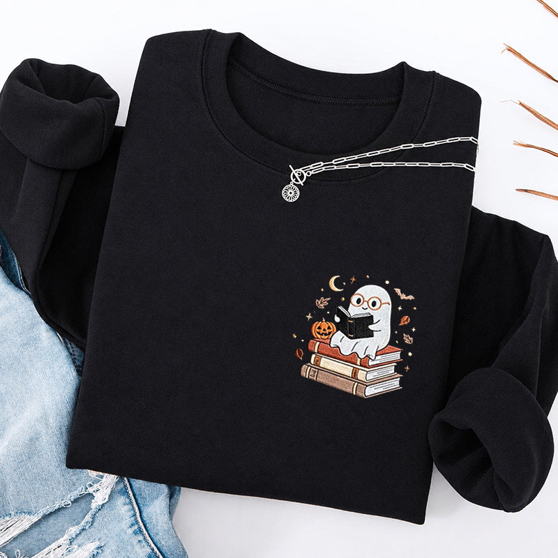 Embroidered Ghost Reading Books Classic Crewneck Sweatshirt