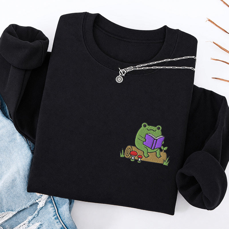 Embroidered Cute Reading Frog Classic Crewneck Sweatshirt