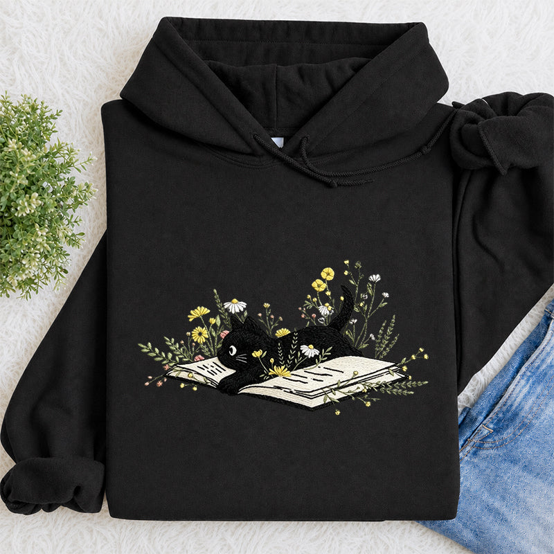 Embroidered Floral Book Cat Classic Adult Unisex Hoodie