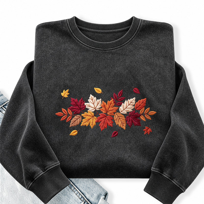 Embroidered Cozy Autumn Leaves Washed Crewneck Sweatshirt