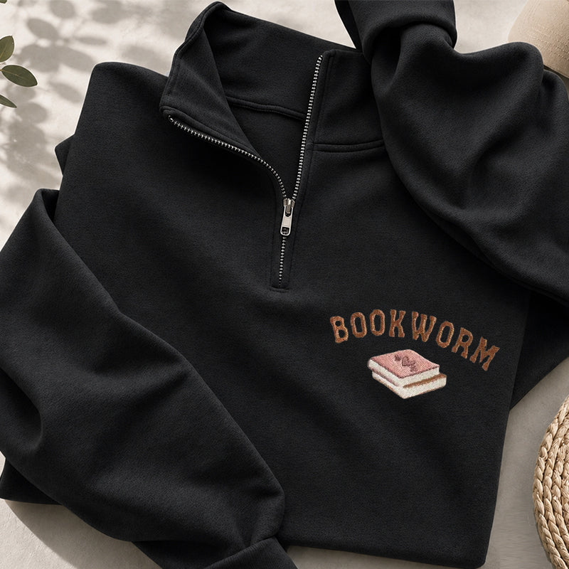 Embroidered Book Worm Classic Quarter Zip Sweatshirt