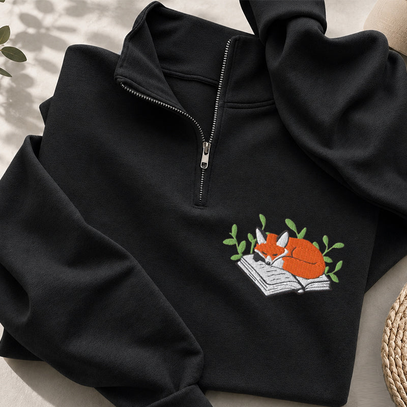Embroidered Fox Book Nap Classic Quarter Zip Sweatshirt