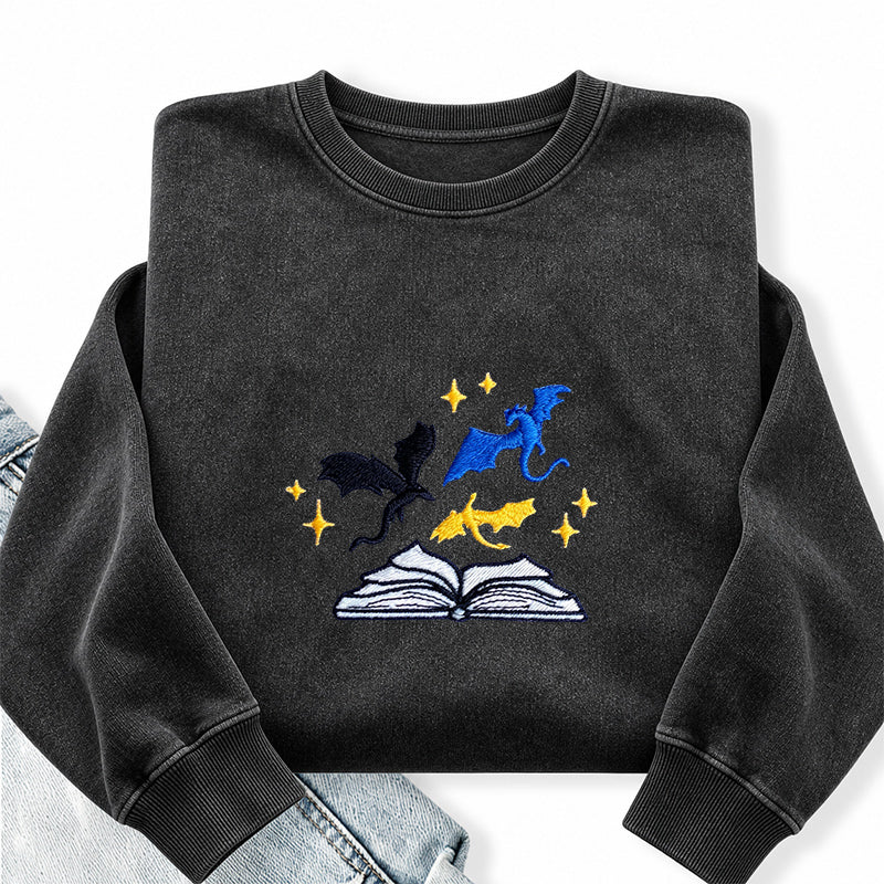 Embroidered Book And Dragons Washed Crewneck Sweatshirt