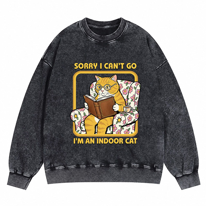 Sorry I Can't Go I'm an Indoor Cat Washed Crewneck Sweatshirt