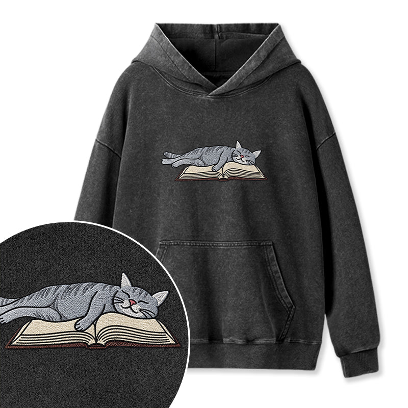 Embroidered Cat Sleeping On Book Washed Hoodie