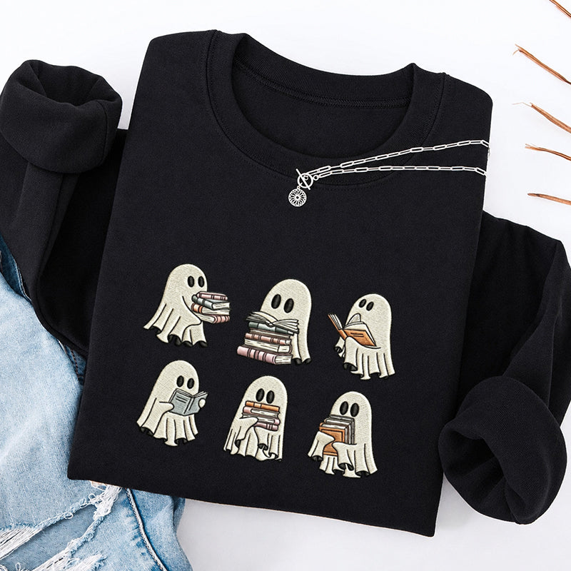 Embroidered Halloween Ghost Reading Classic Crewneck Sweatshirt