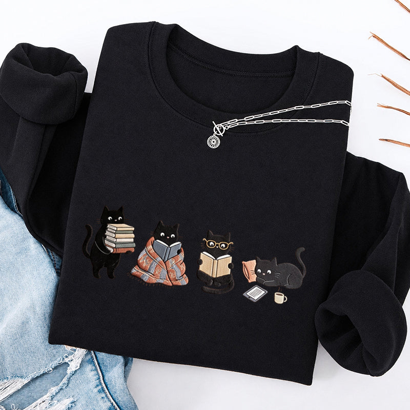 Embroidered Bookish Black Cats Classic Crewneck Sweatshirt