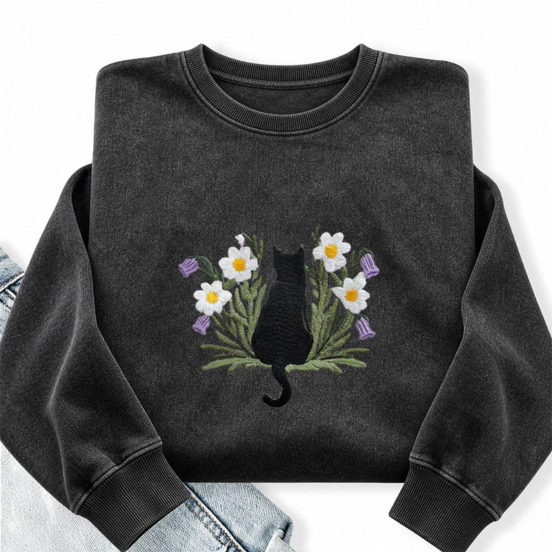 Embroidered Black Cat Flower Washed Crewneck Sweatshirt