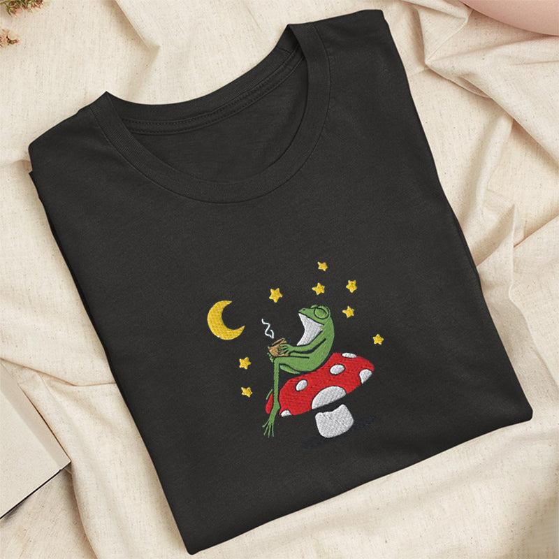 Embroidered Frog Night With Coffee Classic Adult Unisex Crew Neck T-Shirt
