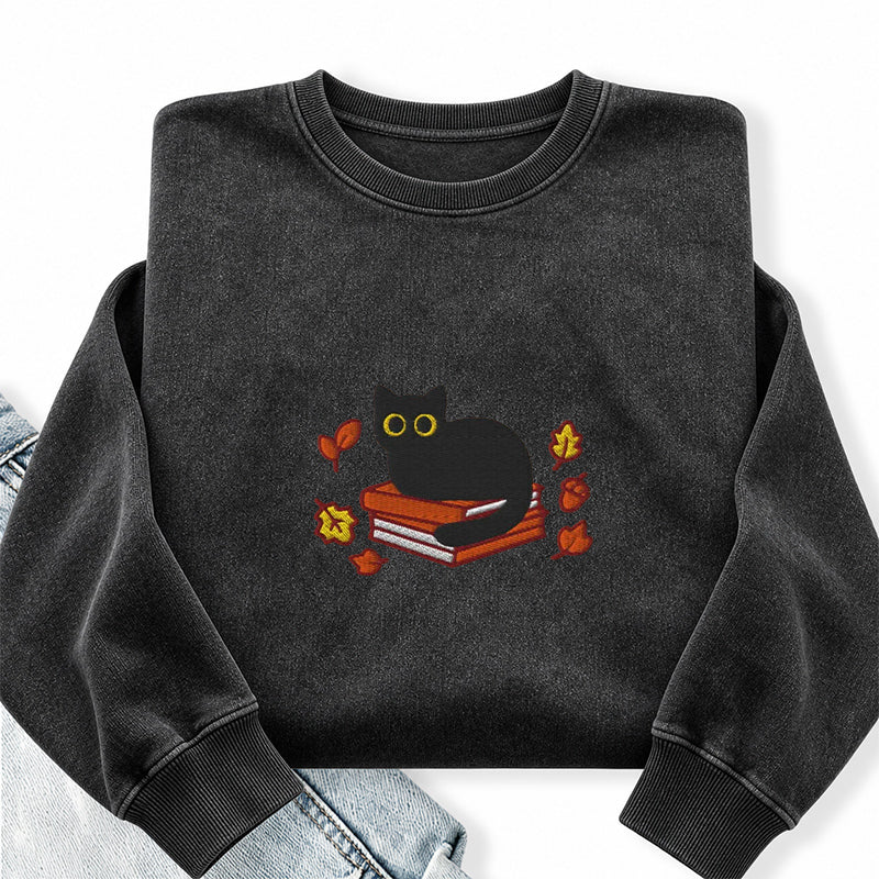 Embroidered Autumn Black Cat Book Washed Crewneck Sweatshirt