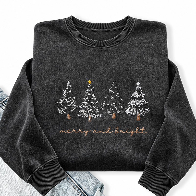 Embroidered Merry & Bright Christmas Tree Washed Crewneck Sweatshirt
