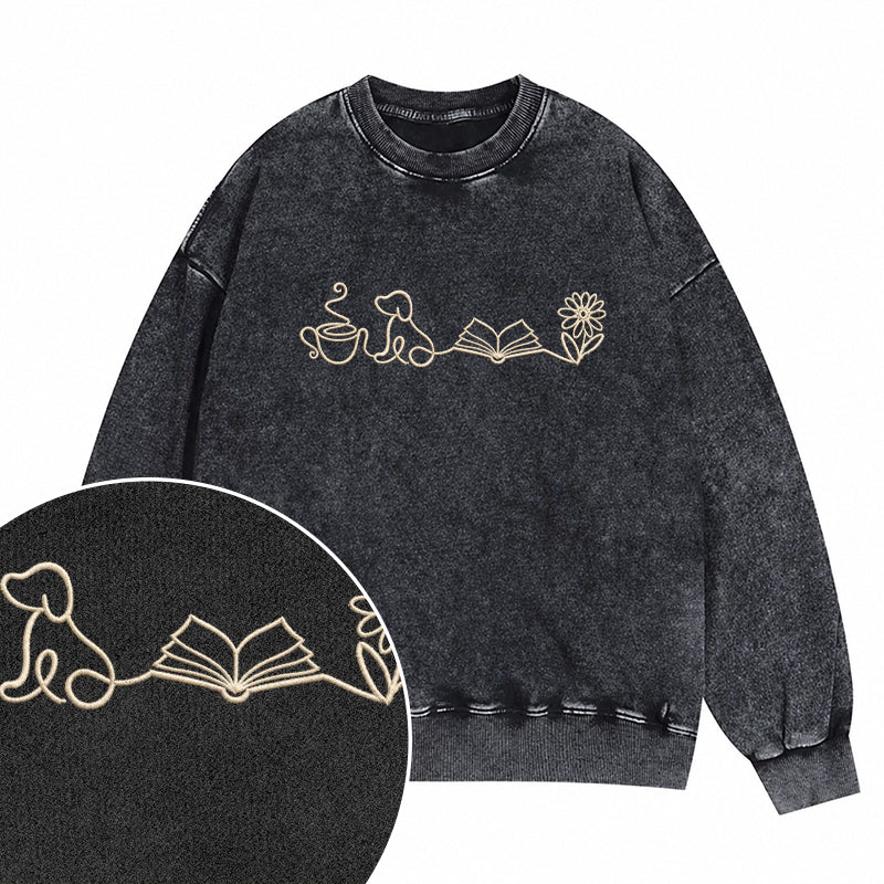 Embroidered Coffee Dog Book Flowers Washed Crewneck Sweatshirt