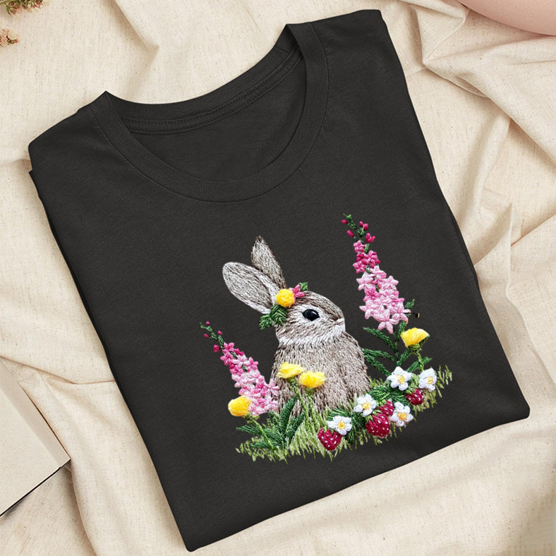 Embroidered Rabbit and Strawberries Classic Adult Unisex Crew Neck T-Shirt
