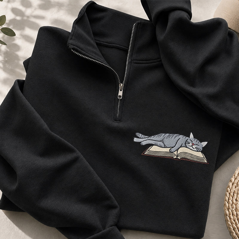 Embroidered Cat Sleeping On The Book Classic Quarter Zip Sweatshirt