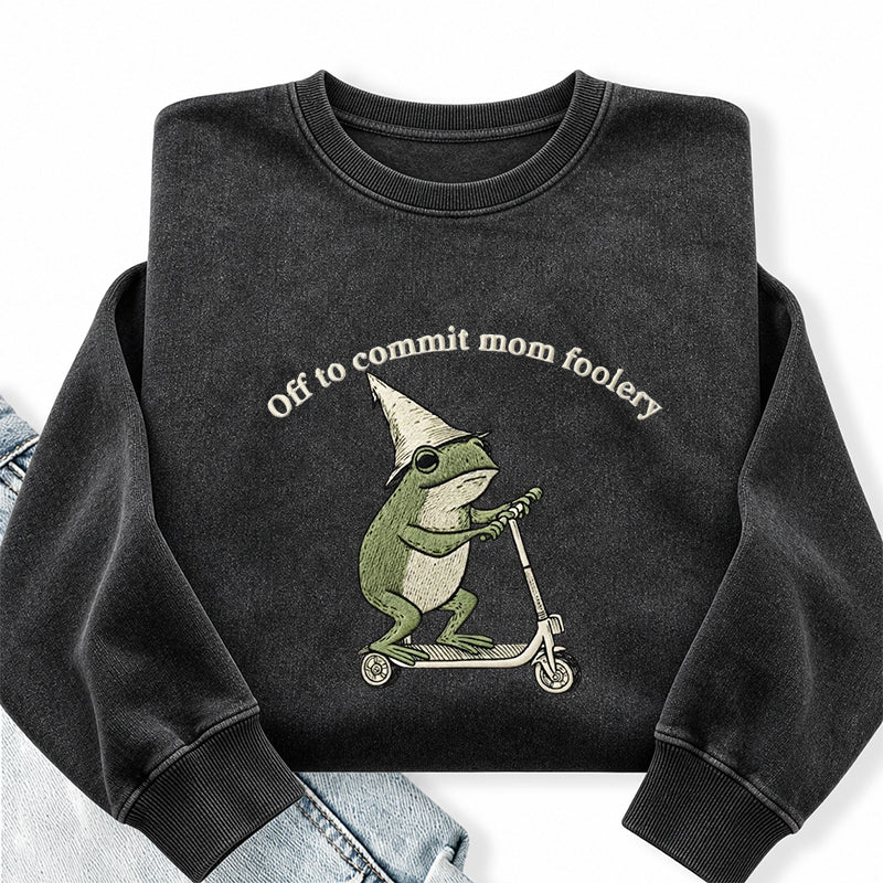 Embroidered Off To Commit Mom Foolery Washed Crewneck Sweatshirt