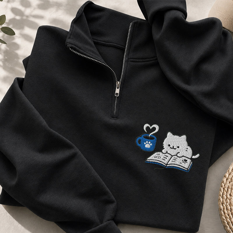 Embroidered Reading Kitten Classic Quarter Zip Sweatshirt