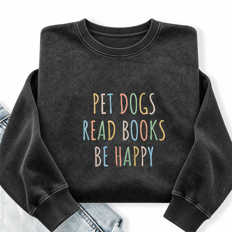 Embroidered Pet Dogs Read Books Be Happy Washed Crewneck Sweatshirt