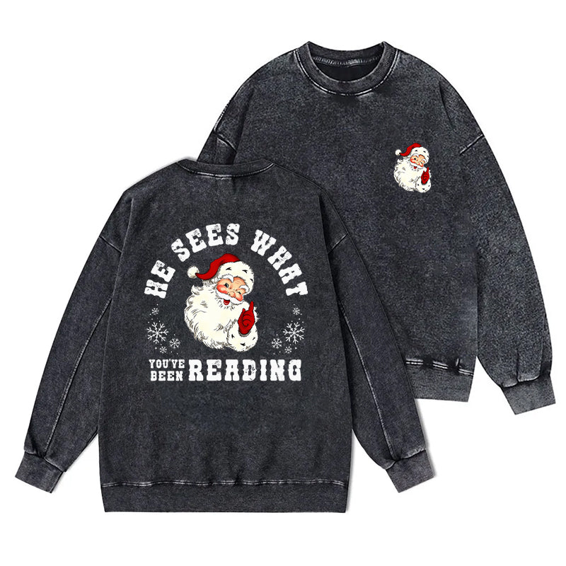 He Sees What You've Been Reading Santa Washed Crewneck Sweatshirt
