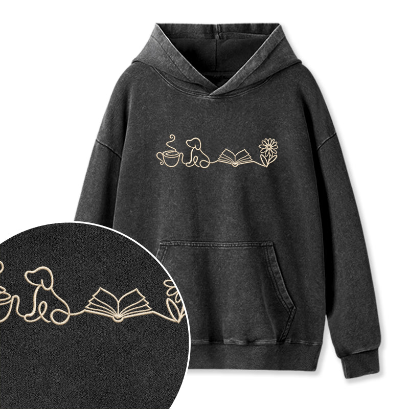Embroidered Coffee Dog Book Flowers Washed Hoodie