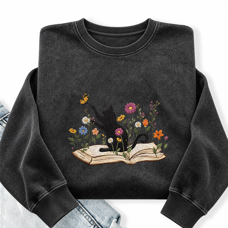 Embroidered Floral Book Cat Washed Crewneck Sweatshirt
