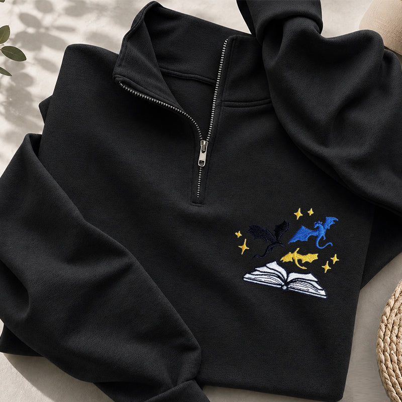 Embroidered Book And Dragon Classic Quarter Zip Sweatshirt
