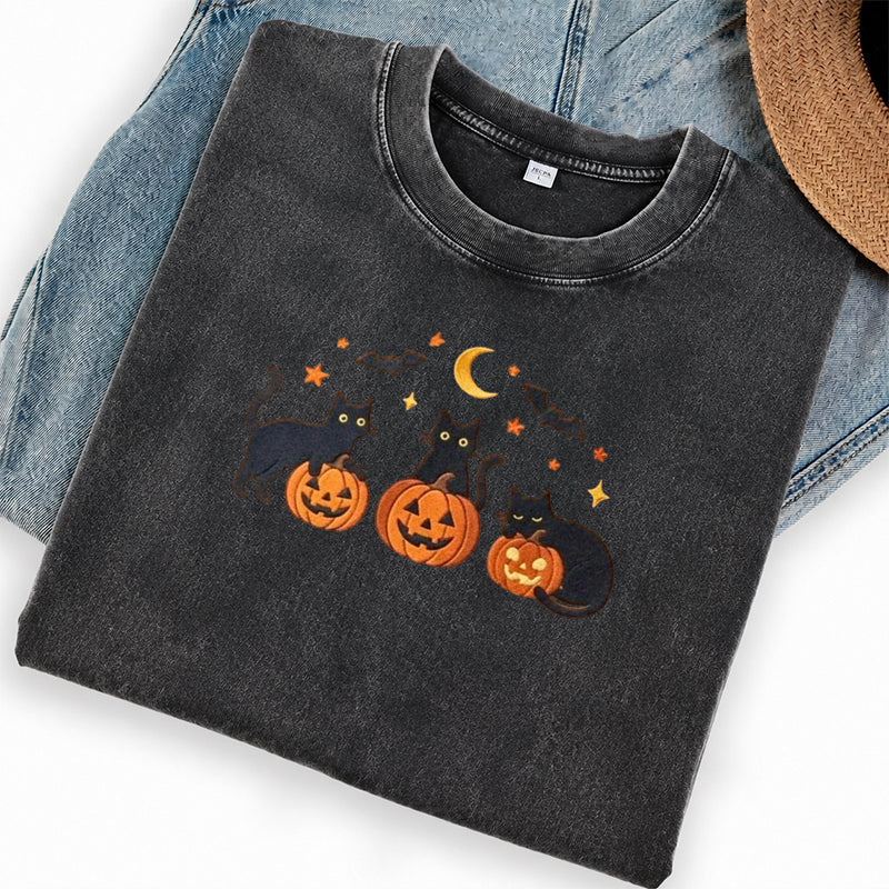 Embroidered Black Cats and Pumpkin Halloween Washed Crew Neck T-Shirt