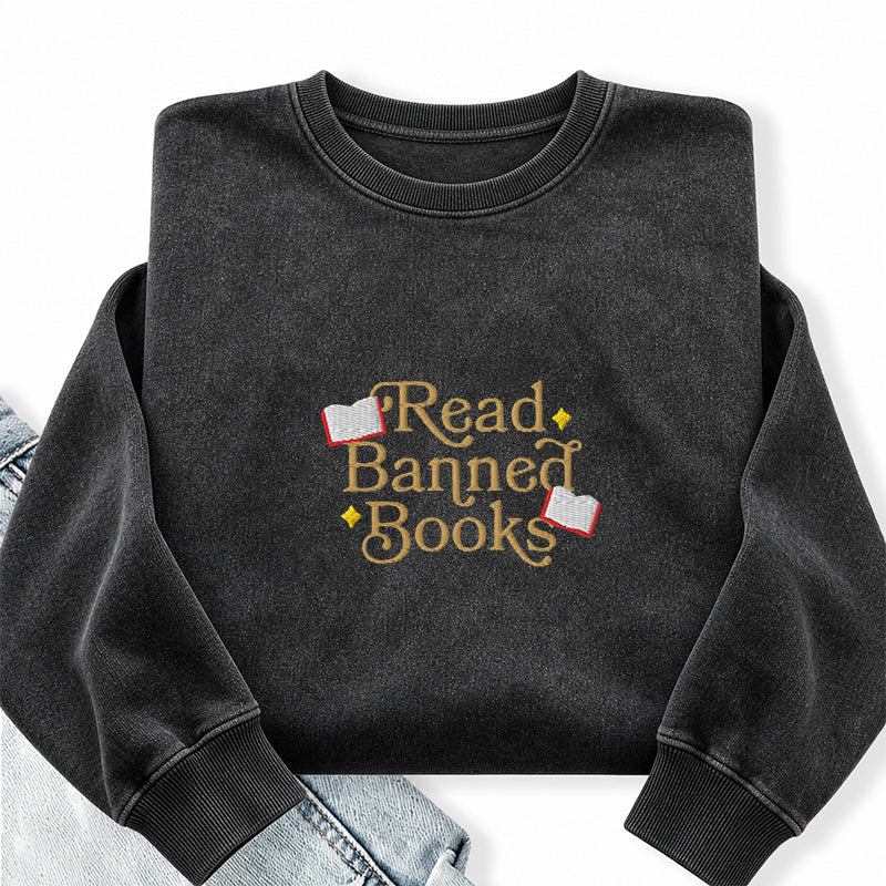 Embroidered Read Banned Books Washed Crewneck Sweatshirt