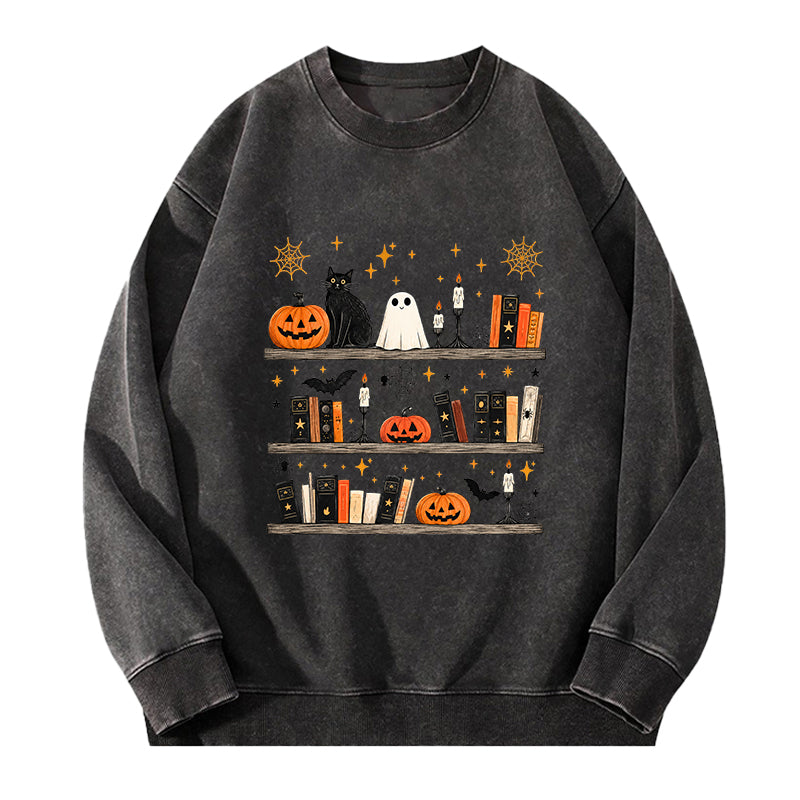 Halloween Book Shelf Washed Crewneck Sweatshirt