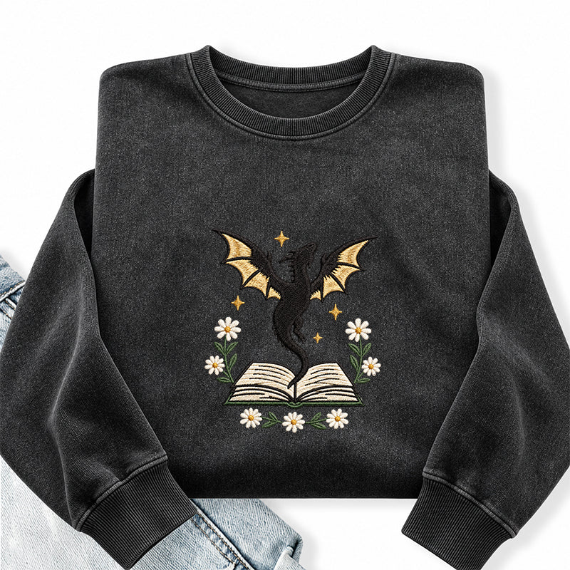 Embroidered Dragon Floral Book Washed Crewneck Sweatshirt