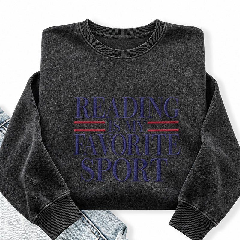 Embroidered Reading Is My Favorite Sport Washed Crewneck Sweatshirt