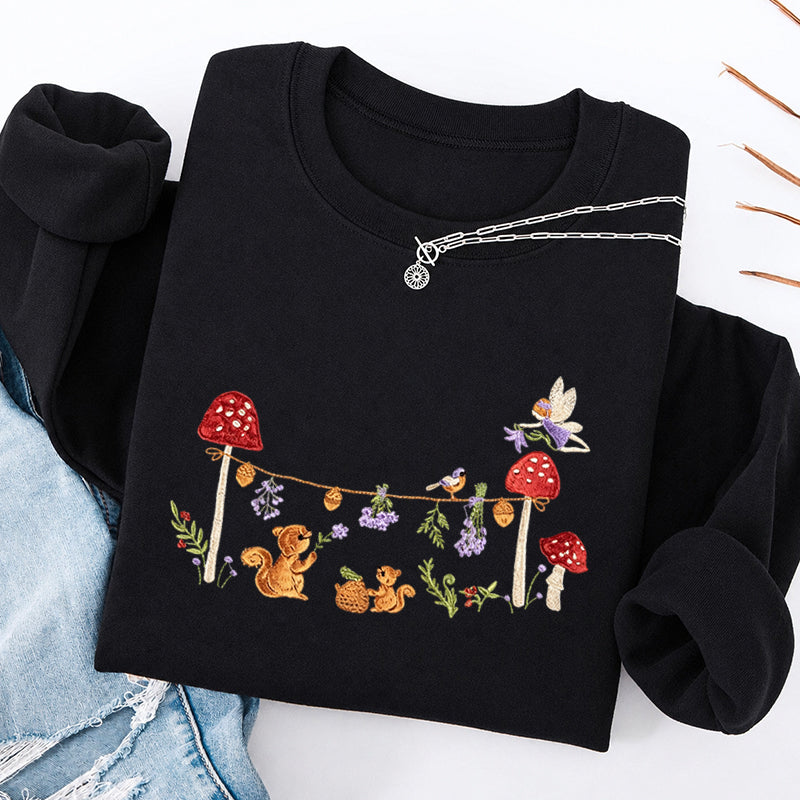 Embroidered Squirrel Woodland Fairy Tale Classic Crewneck Sweatshirt