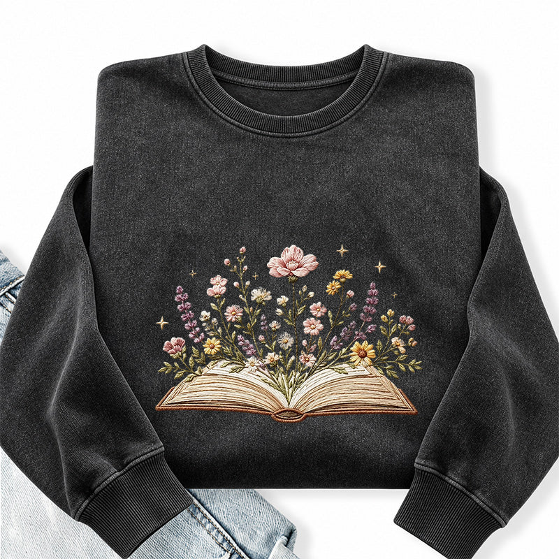 Embroidered Floral Book Washed Crewneck Sweatshirt