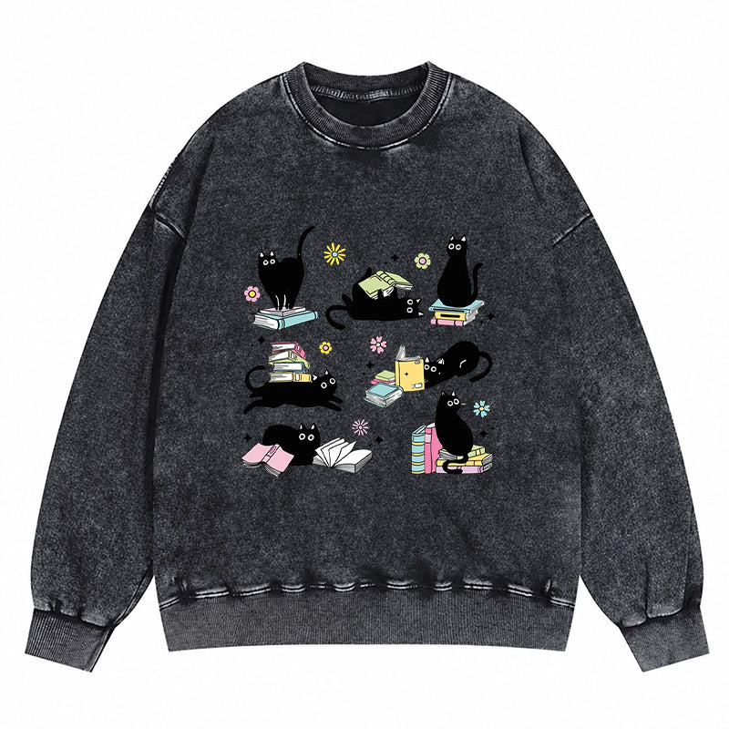 Book And Black Cats Washed Crewneck Sweatshirt