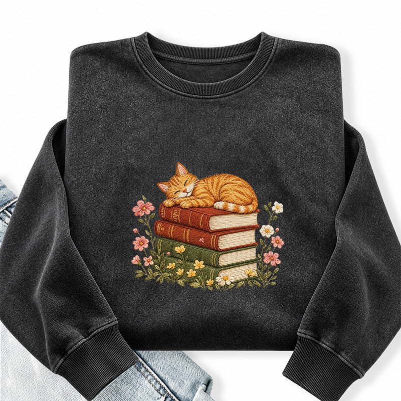 Embroidered Cat Sleeping On Books Washed Crewneck Sweatshirt