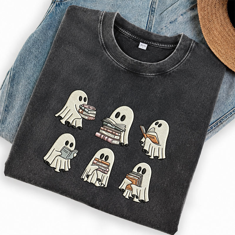 Embroidered Halloween Ghost Book Washed Crew Neck T-Shirt