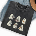 Embroidered Halloween Ghost Book Washed Crew Neck T-Shirt