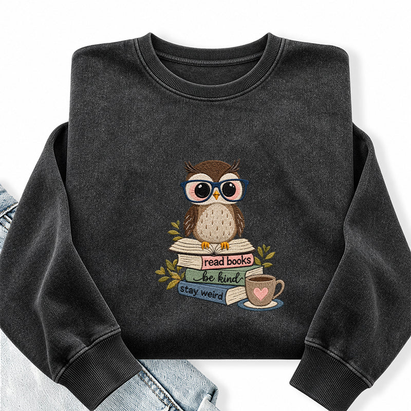 Embroidered Read Books Be Kind Owl Washed Crewneck Sweatshirt