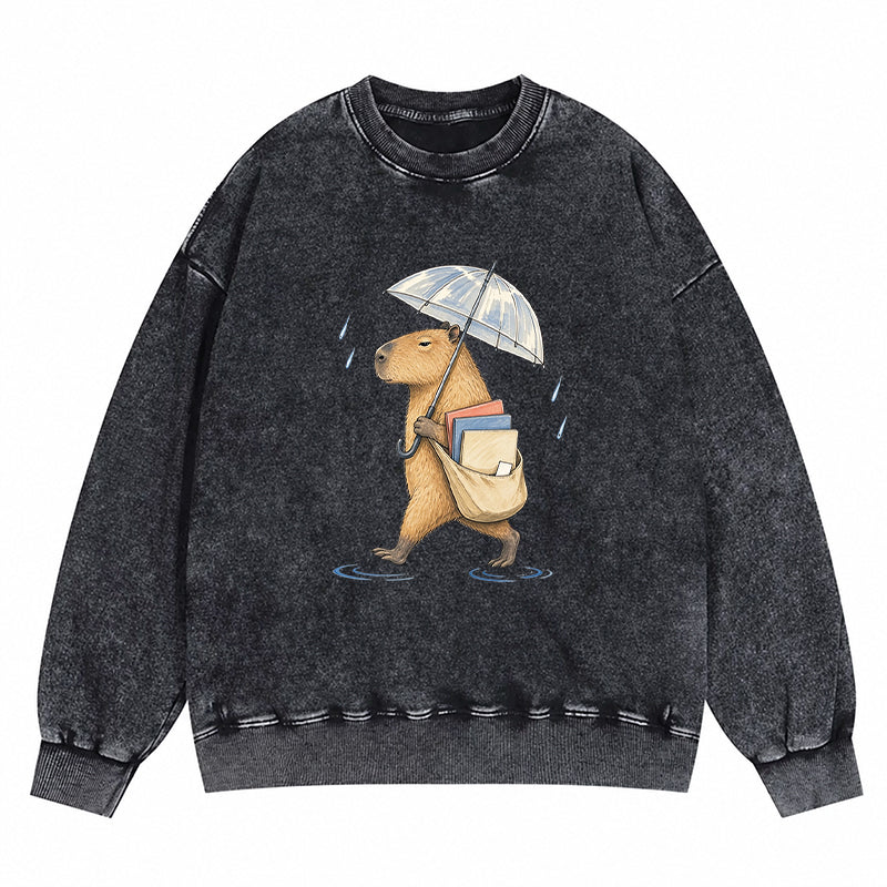 Capybara Rainy Day Book Washed Crewneck Sweatshirt