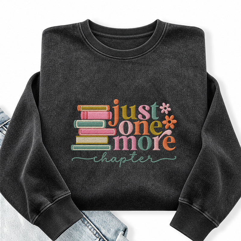 Embroidered Coloful Just One More Chapter Washed Crewneck Sweatshirt