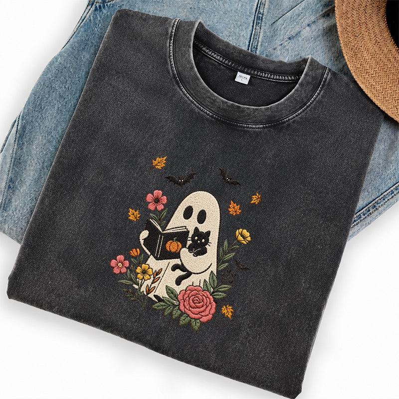 Embroidered Floral Ghost Reading Washed Crew Neck T-Shirt