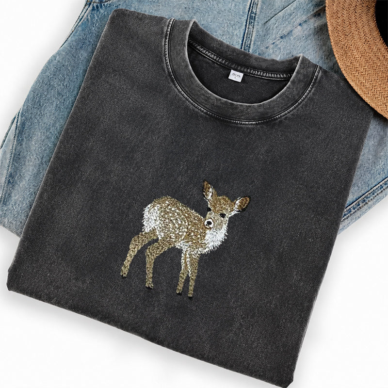 Embroidered Forest Deer Washed Crew Neck T-Shirt