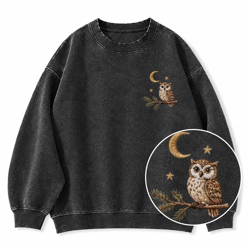 Embroidered Night Owl Washed Crewneck Sweatshirt