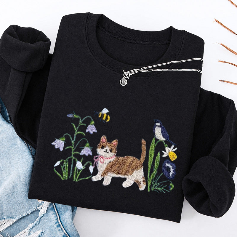 Embroidered Cat Wildflower Classic Crewneck Sweatshirt