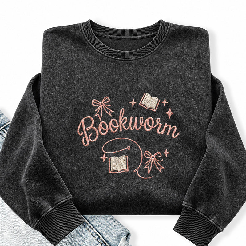Embroidered Funny Bookworm Washed Crewneck Sweatshirt