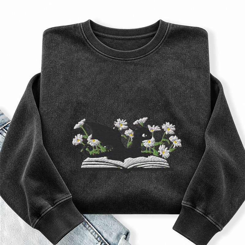 Embroidered Floral Dragon Book Washed Crewneck Sweatshirt