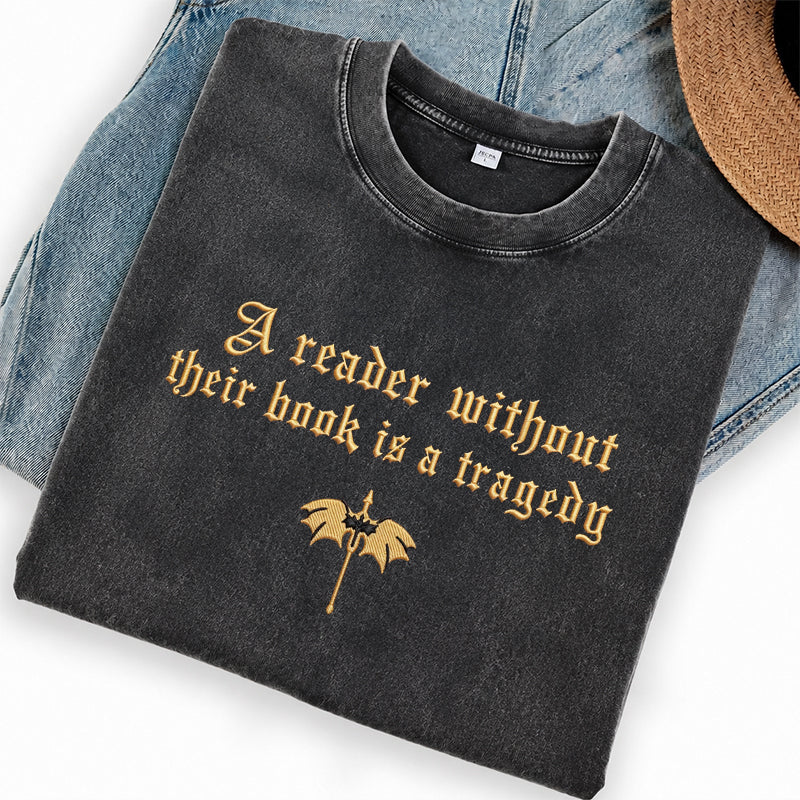 Embroidered Dragon Rider Book Lover Washed Crew Neck T-Shirt