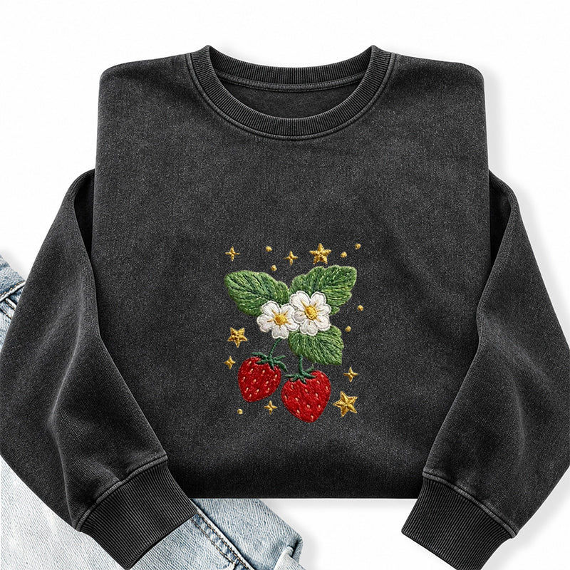 Embroidered Lovely Strawberry Washed Crewneck Sweatshirt