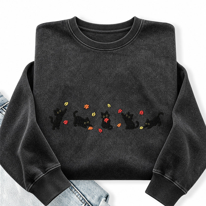 Embroidered Autumn Leaves Black Cats Washed Crewneck Sweatshirt