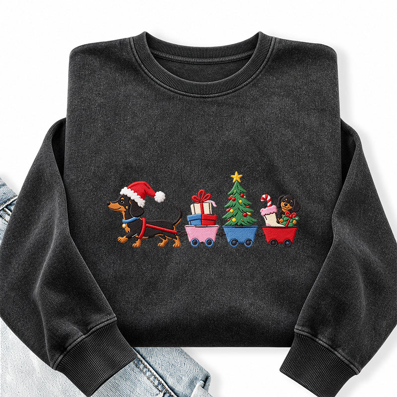 Embroidered Christmas Dachshund Washed Crewneck Sweatshirt