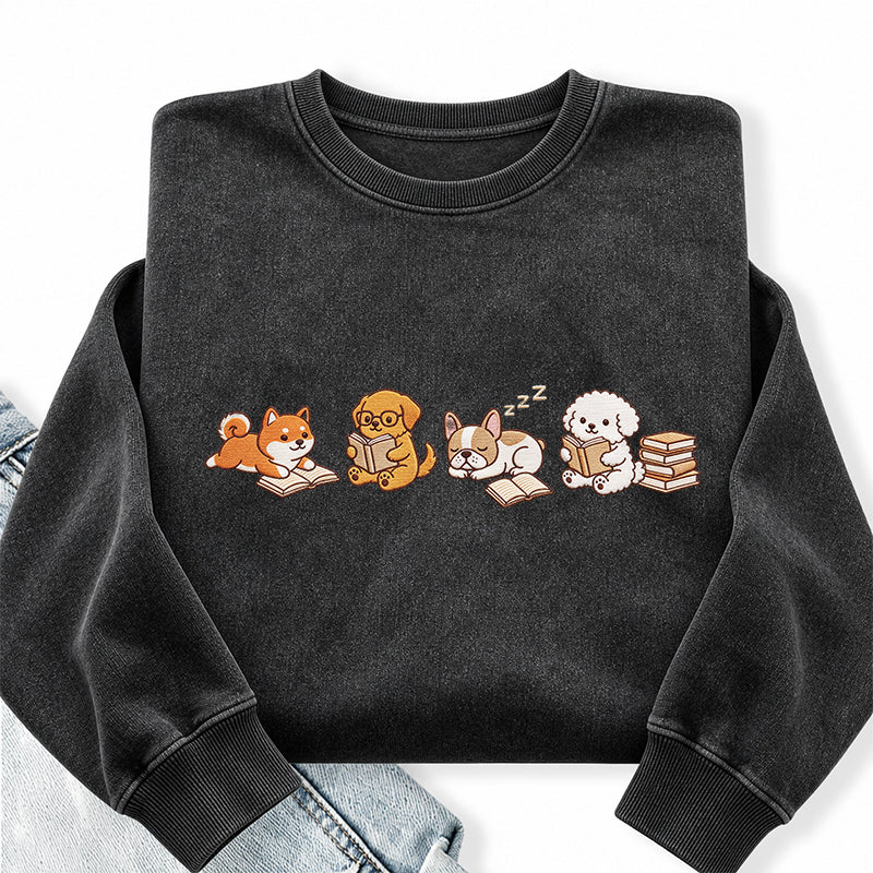 Embroidered Reading Dogs Washed Crewneck Sweatshirt